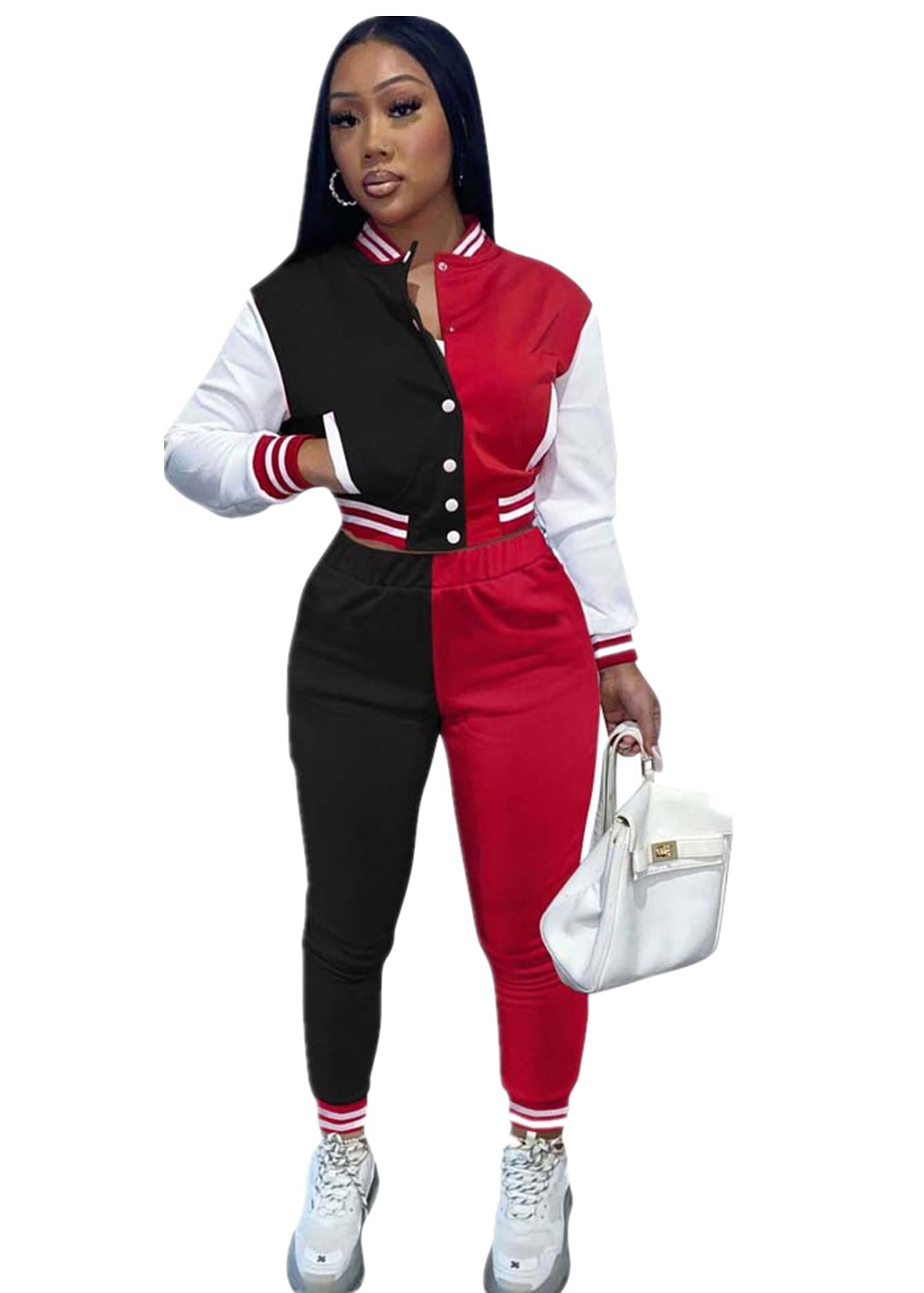 ANICECUT Sweatsuits for Women Set 2 Piece Long Sleeve Patchwork Button Down Varsity Jacket Sweatpant Workout Tracksuit Black Red XL