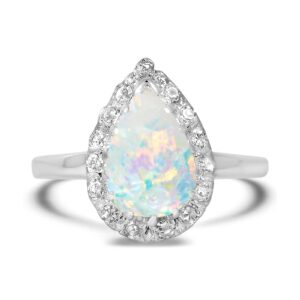 YDD 18K Gold Opal Rings for women 2 Carat(2 CT) Halo Pear Cut Opal Engagement Rings for Women Opal Birthstone Anniversary Ring Free Engraved Size 5.5