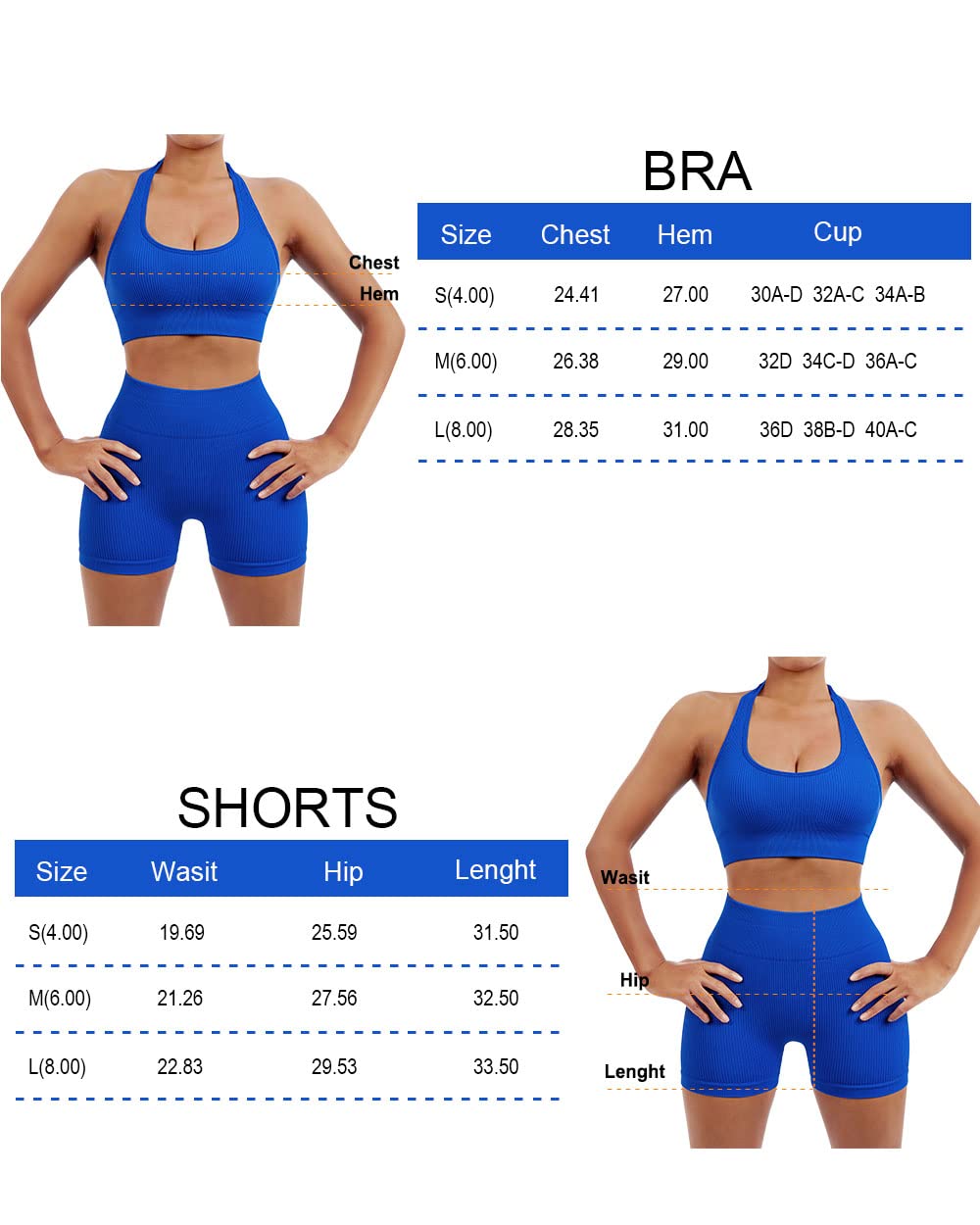 SUUKSESS Women Two Piece Seamless Ribbed Workout Sets Outfits Backless Halter Sports Bra Booty Biker Shorts (Royal Blue, M)