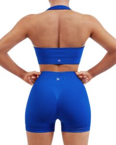 suuksess women two piece seamless ribbed workout sets outfits backless halter sports bra booty biker shorts (royal blue, m)