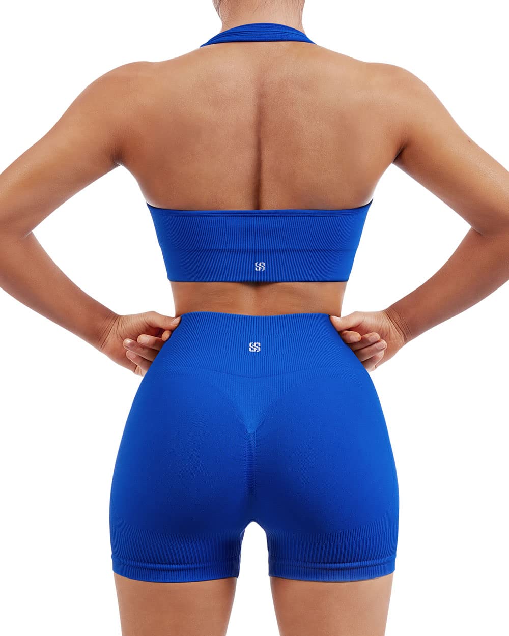 SUUKSESS Women Two Piece Seamless Ribbed Workout Sets Outfits Backless Halter Sports Bra Booty Biker Shorts (Royal Blue, M)