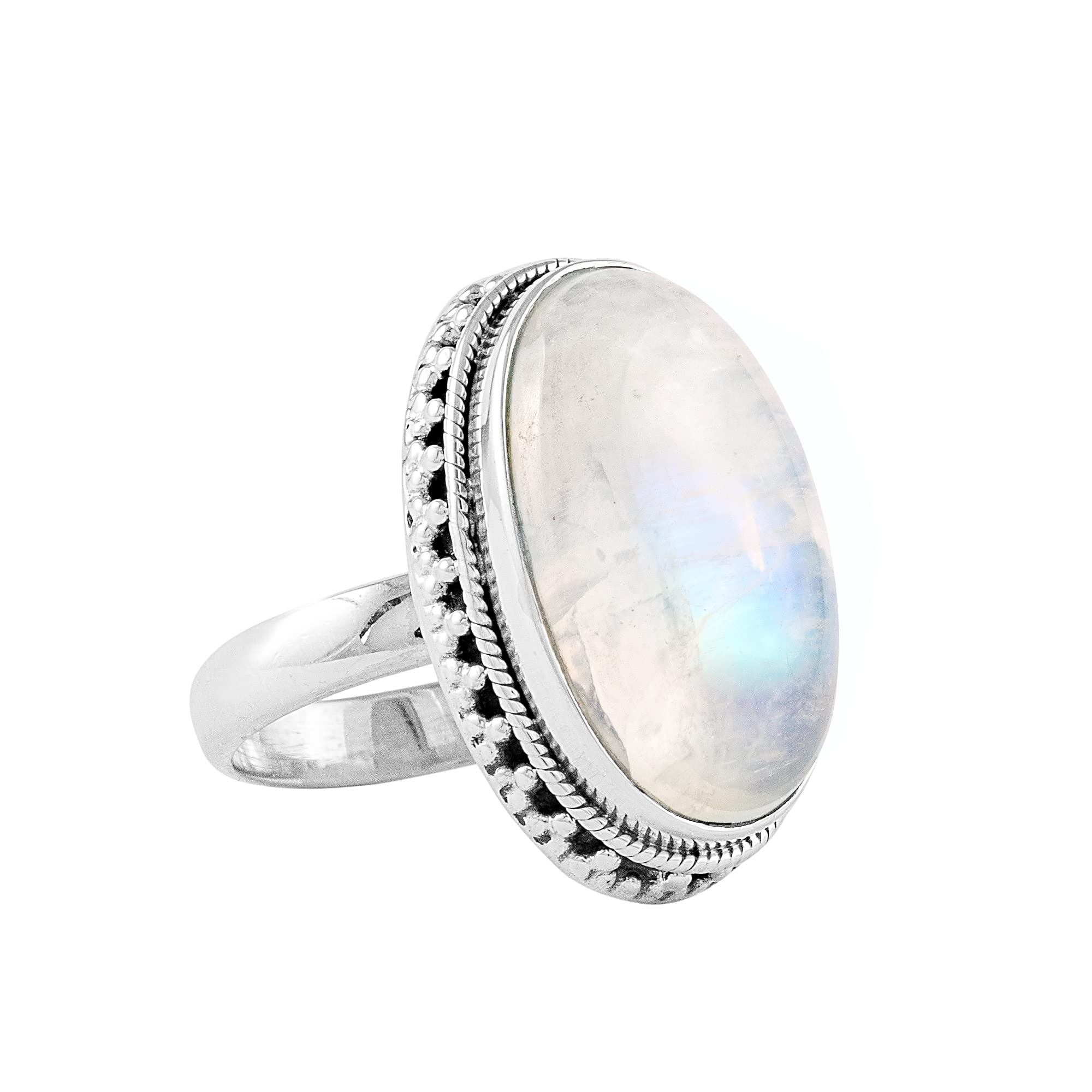 Silver Eternity Big Moonstone ring for Women Oval Stone Ring 925 Sterling Silver Boho Sterling Silver Statement Ring For Gift (White, Ring Size - 7)