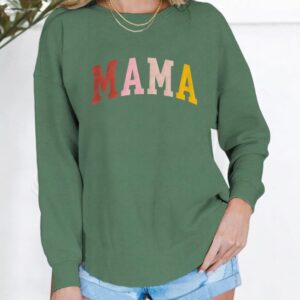 KEKEMI Mama Sweatshirt For Women Crewneck Mama Letter Print Pullover Tops Long Sleeve Mom Life Shirts Casual MAMA Graphic Top（Green-05,Small