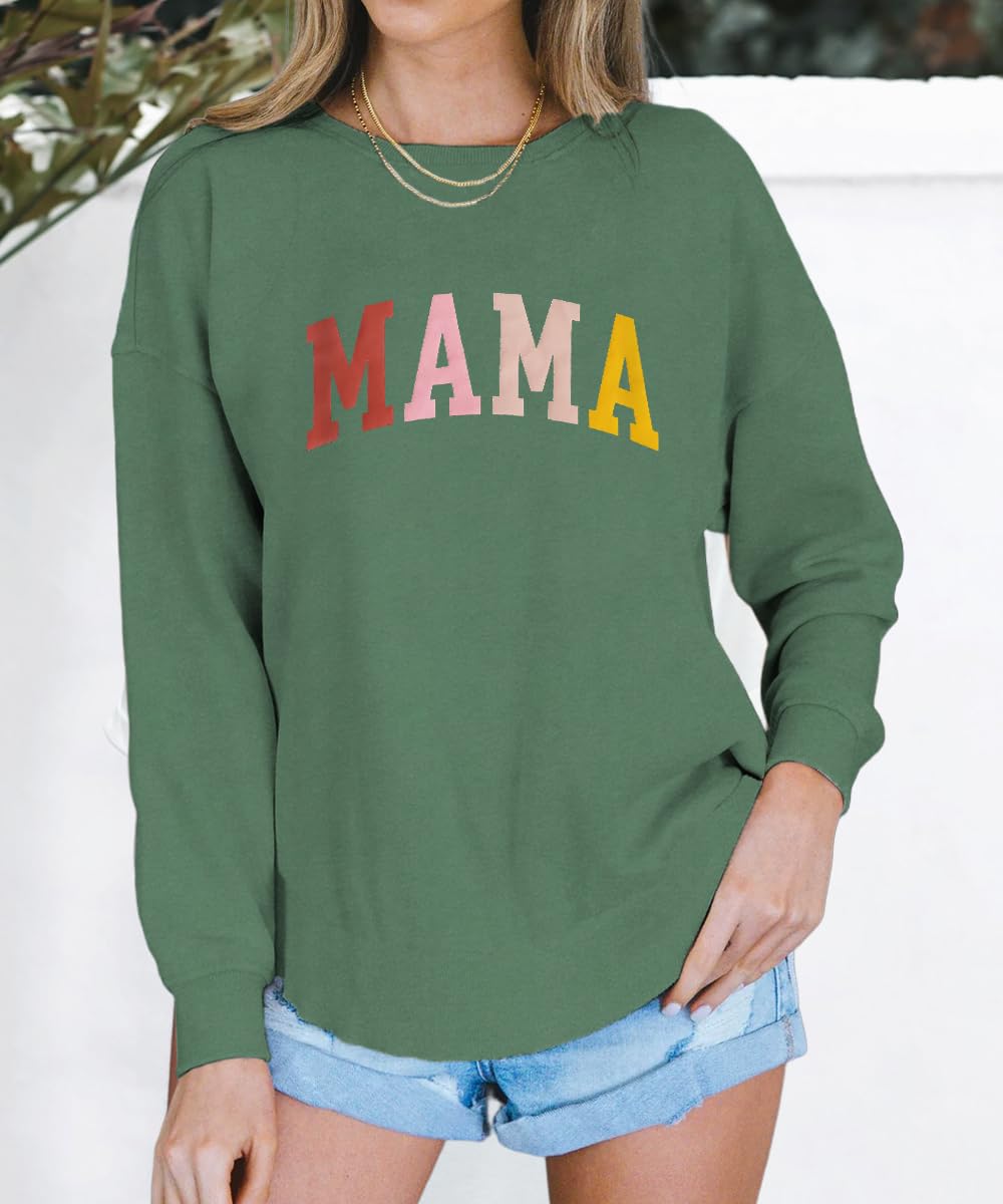 KEKEMI Mama Sweatshirt For Women Crewneck Mama Letter Print Pullover Tops Long Sleeve Mom Life Shirts Casual MAMA Graphic Top（Green-05,Small