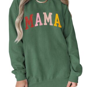 KEKEMI Mama Sweatshirt For Women Crewneck Mama Letter Print Pullover Tops Long Sleeve Mom Life Shirts Casual MAMA Graphic Top（Green-05,Small