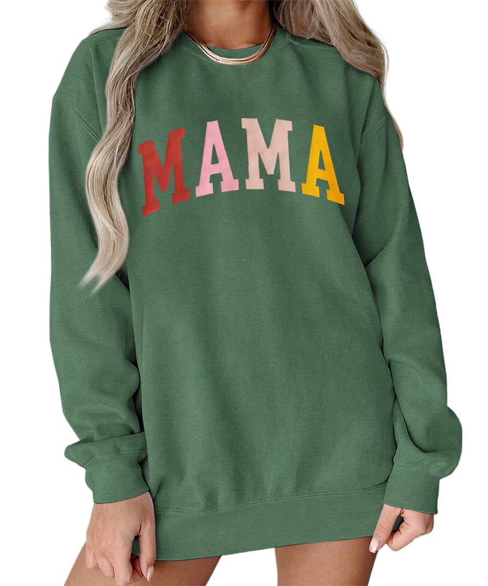 KEKEMI Mama Sweatshirt For Women Crewneck Mama Letter Print Pullover Tops Long Sleeve Mom Life Shirts Casual MAMA Graphic Top（Green-05,Small