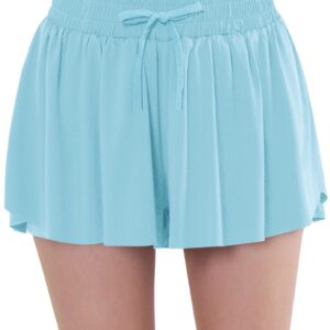 EXARUS Girls Butterfly Flowy Shorts Athletic Running 2 in 1 Cheer Preppy Tennis Dance Flutter with Pockets High Waisted Kids Light Blue 6Y