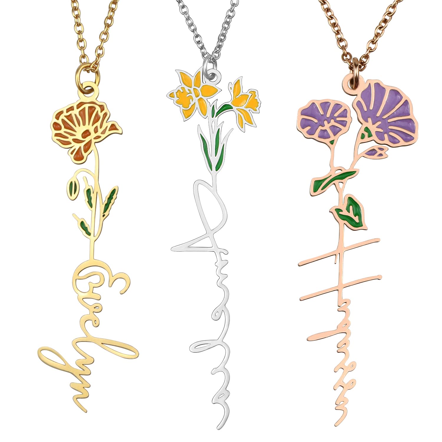 Malihome Custom Colorful Birth Flower Name Necklace,18K Gold Plated Personalized Women Jewelry,Bridesmaid Gifts For Mother Christmas Birthday (Design-1)