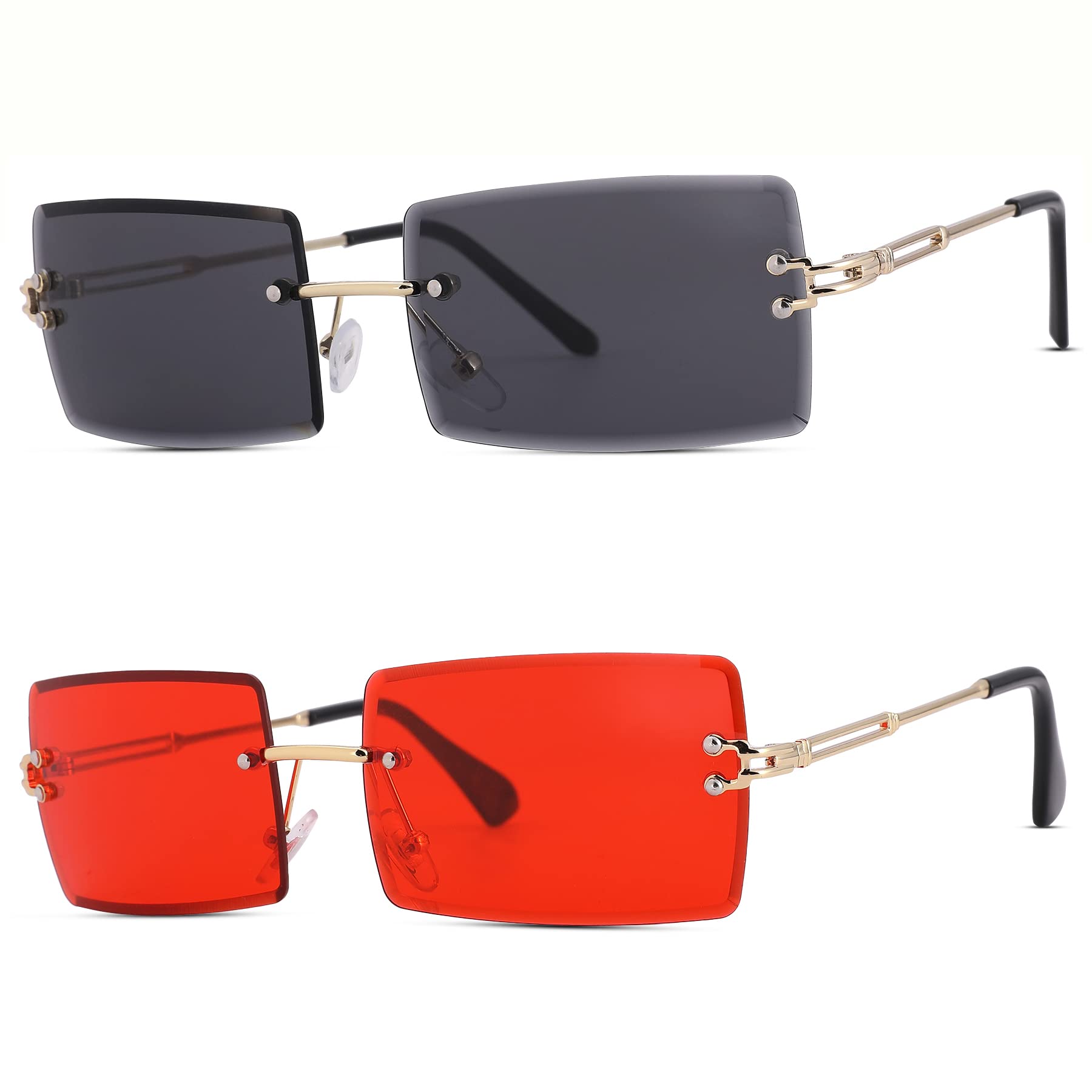 Rectangle Sunglasses for Men/Women Small Rimless Square Shade Eyewear -Red+Black