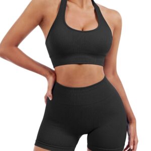 SUUKSESS Women Two Piece Seamless Ribbed Workout Sets Outfits Backless Halter Sports Bra Booty Biker Shorts (Black, S)