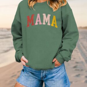 KEKEMI Mama Sweatshirt For Women Crewneck Mama Letter Print Pullover Tops Long Sleeve Mom Life Shirts Casual MAMA Graphic Top（Green-05,Small