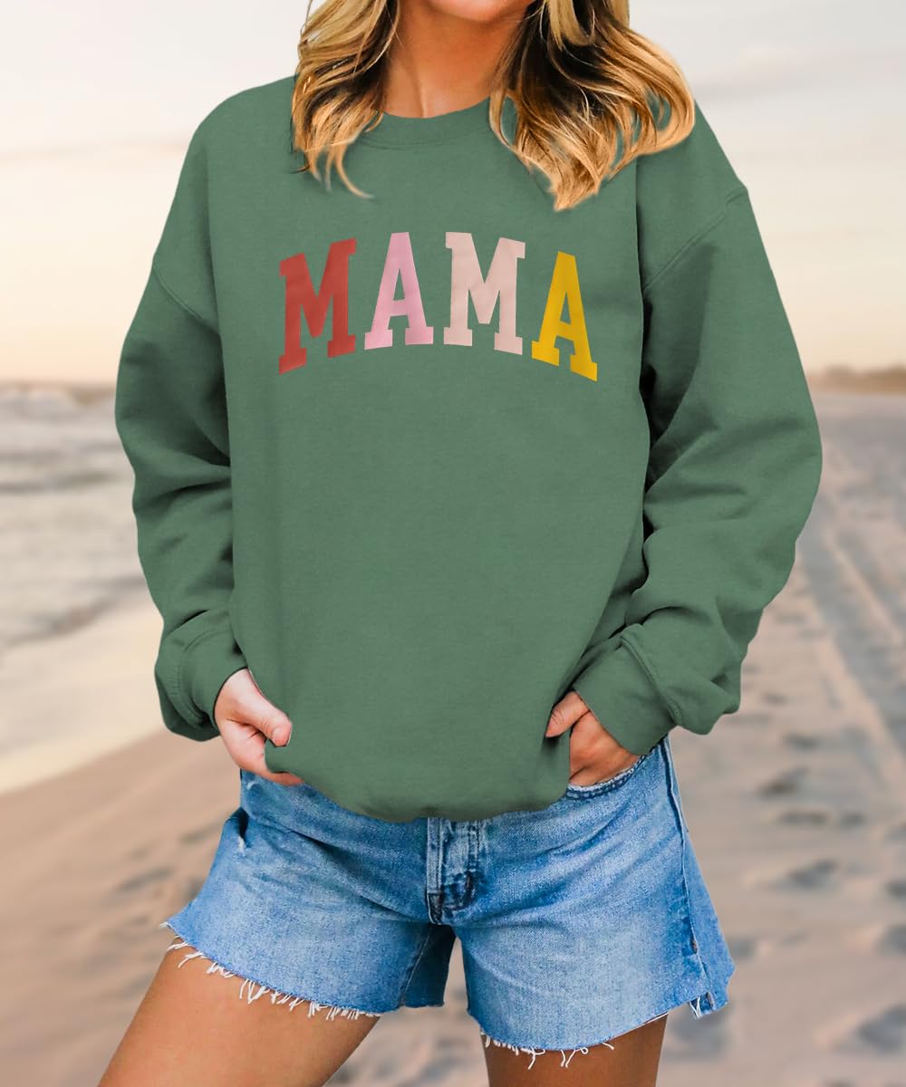 KEKEMI Mama Sweatshirt For Women Crewneck Mama Letter Print Pullover Tops Long Sleeve Mom Life Shirts Casual MAMA Graphic Top（Green-05,Small