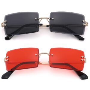 Rectangle Sunglasses for Men/Women Small Rimless Square Shade Eyewear -Red+Black