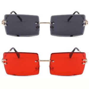 Rectangle Sunglasses for Men/Women Small Rimless Square Shade Eyewear -Red+Black