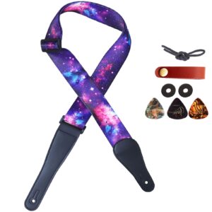 rauyivany guitar straps,beautiful starry sky pattern both ends long leather with strap locks + buttons + 3 picks, adjustable length for acoustic electric and bass guitars accessory