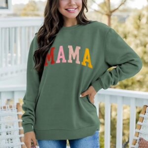 KEKEMI Mama Sweatshirt For Women Crewneck Mama Letter Print Pullover Tops Long Sleeve Mom Life Shirts Casual MAMA Graphic Top（Green-05,Small