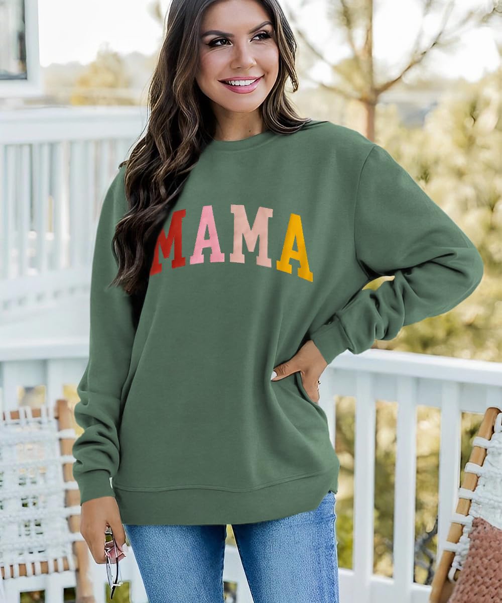 KEKEMI Mama Sweatshirt For Women Crewneck Mama Letter Print Pullover Tops Long Sleeve Mom Life Shirts Casual MAMA Graphic Top（Green-05,Small