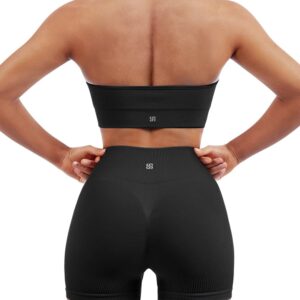 SUUKSESS Women Two Piece Seamless Ribbed Workout Sets Outfits Backless Halter Sports Bra Booty Biker Shorts (Black, M)