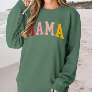 KEKEMI Mama Sweatshirt For Women Crewneck Mama Letter Print Pullover Tops Long Sleeve Mom Life Shirts Casual MAMA Graphic Top（Green-05,Small