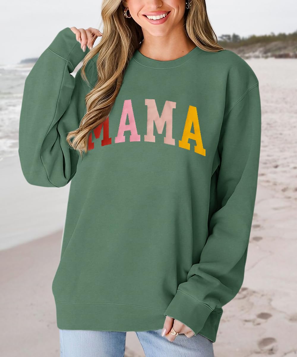 KEKEMI Mama Sweatshirt For Women Crewneck Mama Letter Print Pullover Tops Long Sleeve Mom Life Shirts Casual MAMA Graphic Top（Green-05,Small