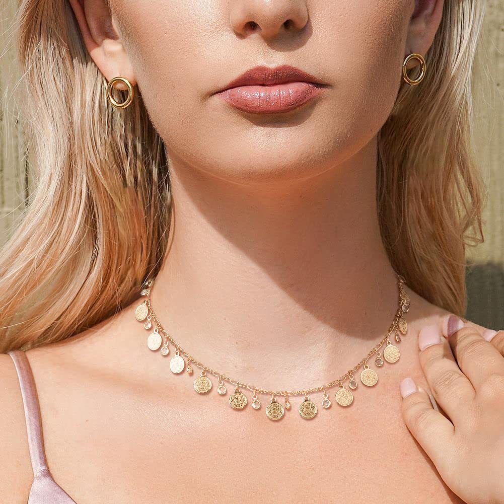 MTMY Beaded Necklace for Women 14K Gold Plated Dainty Colorful Beaded Pearl Choker Necklace Delicate Boho Choker Necklace Jewelry Gift (Coin cz tassel)