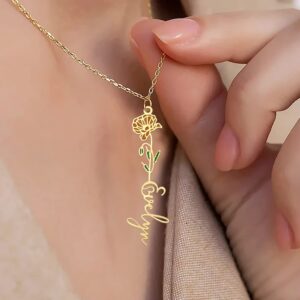 Malihome Custom Colorful Birth Flower Name Necklace,18K Gold Plated Personalized Women Jewelry,Bridesmaid Gifts For Mother Christmas Birthday (Design-1)