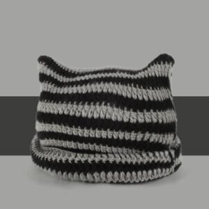 Beanie for Women Knit Crochet Hat with Cat Ears Striped Winter Cap Grunge Accessories Slouchy Hat for Women (Black Grey)