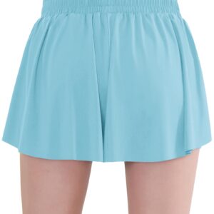 EXARUS Girls Butterfly Flowy Shorts Athletic Running 2 in 1 Cheer Preppy Tennis Dance Flutter with Pockets High Waisted Kids Light Blue 6Y