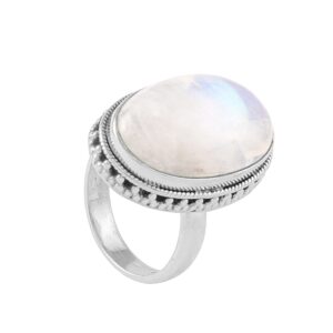 Silver Eternity Big Moonstone ring for Women Oval Stone Ring 925 Sterling Silver Boho Sterling Silver Statement Ring For Gift (White, Ring Size - 7)