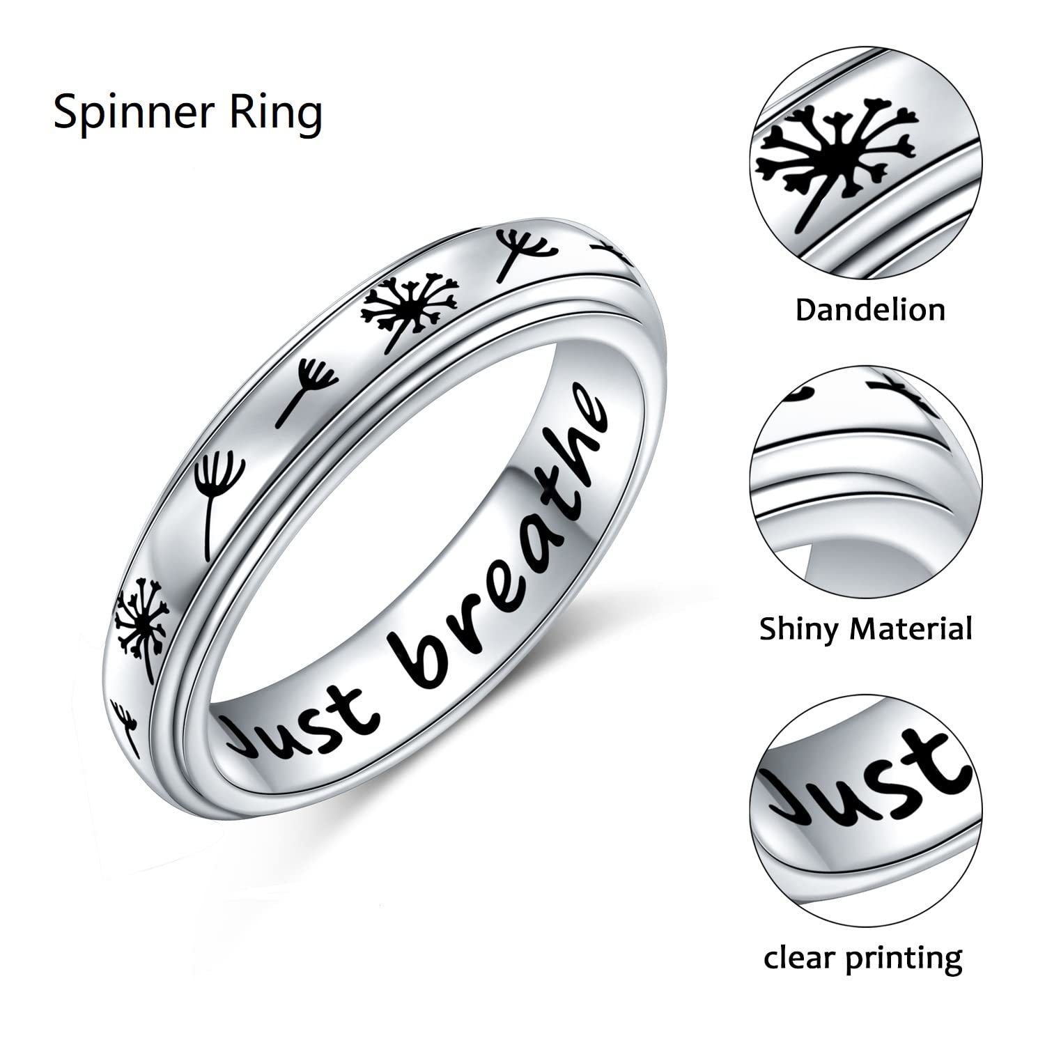 Birthday Gifts Just Breathe Spinner Ring for Women 925 Sterling Silver Dandelion Fidget Rings for Anxiety Stress Relieving ADHD Autism Rings Inspirational Boho Band Ring (9)