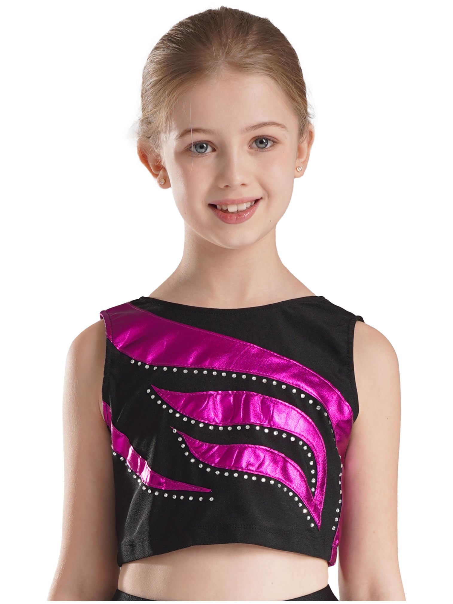 easyforever Kids Girls Sleeveless Shiny Rhinestone Ballet Dance Crop Tank Top Yoga Vest Sports Gymnastic Workout Bra Hot Pink 8 Years