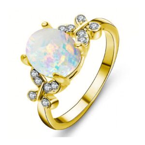 YDD 18K Gold Opal Rings for women 1 Carat(1 CT) Oval Cut Opal Engagement Rings for Women Butterfly Opal Birthstone Anniversary Ring Free Engraved Size 6.5