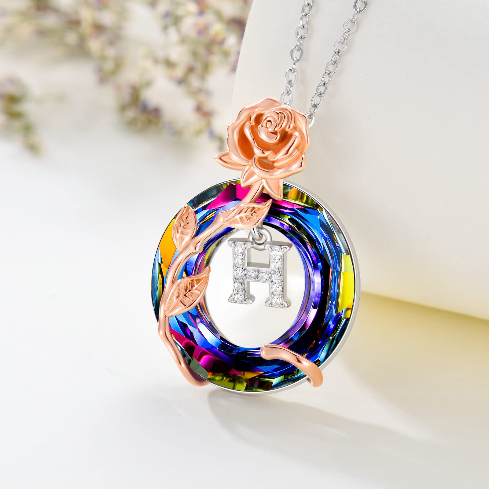 OJK H Necklace Sterling Silver Rose Initial Letter Pendant Necklace with Circle Volcano Crystal Birthday Anniversary Christmas Graduation Mothers Day Jewelry Gifts for Women Her Girls