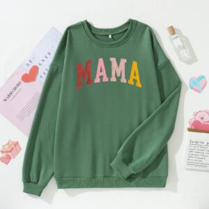 KEKEMI Mama Sweatshirt For Women Crewneck Mama Letter Print Pullover Tops Long Sleeve Mom Life Shirts Casual MAMA Graphic Top（Green-05,Small