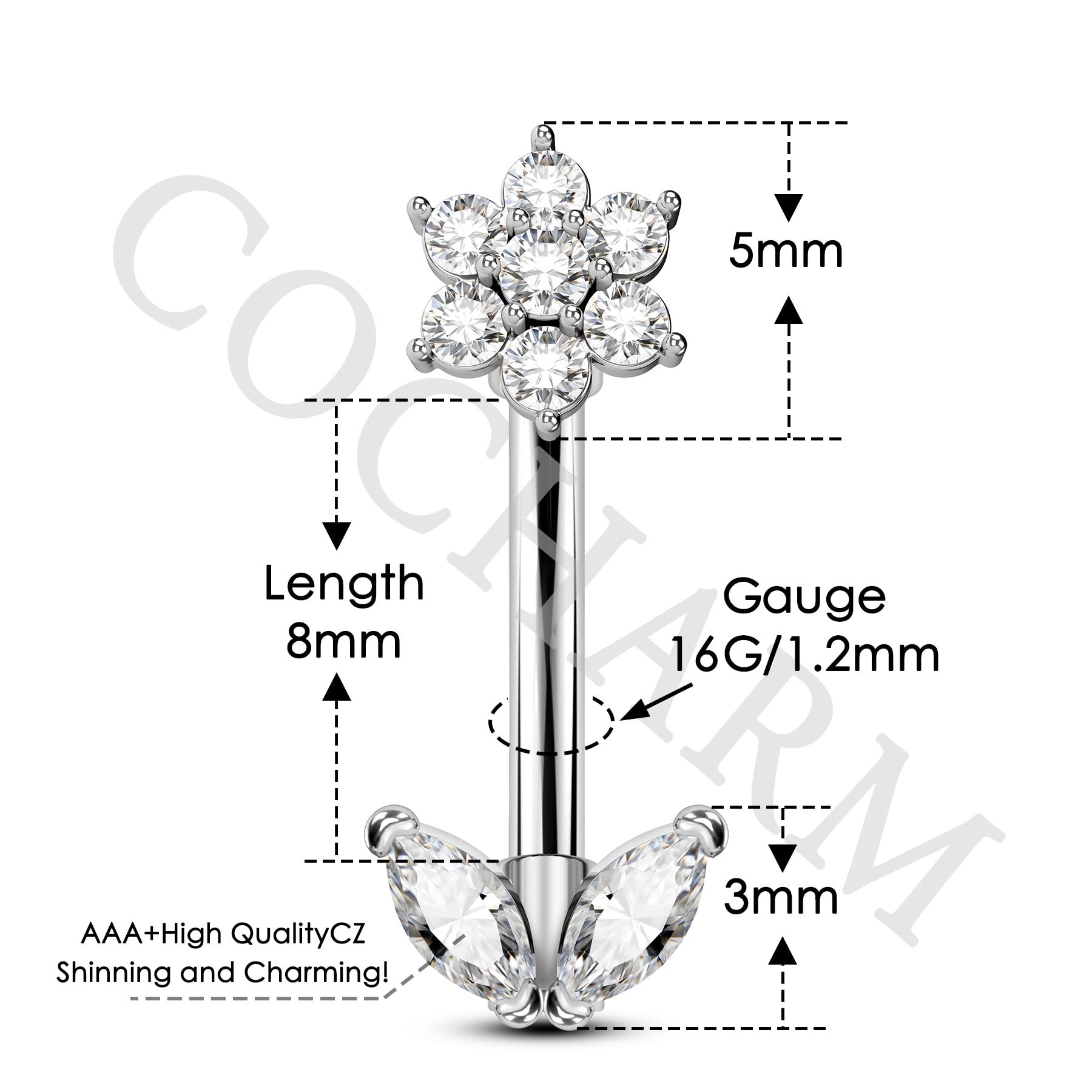 COCHARM Cute Flower Rook Earrings for Women Silver 16g Rook Jewelry 16 Gauge Stainless Steel 8mm Rook Piercing Jewelry Dainty Rook Piercing