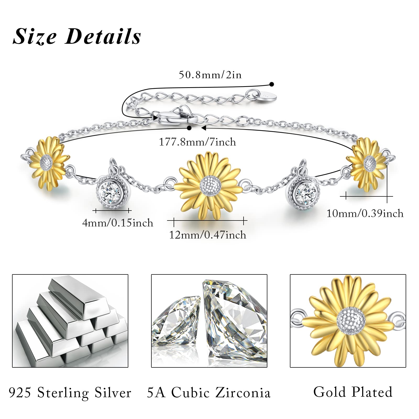 Cuoka Sunflower Bracelet 925 Sterling Silver You Are My Sunshine Sunflower Bracelets Jewelry For Women Girlfriend with Box