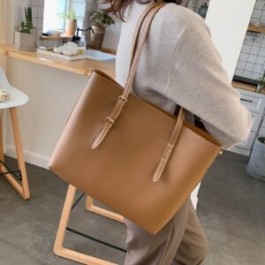 Shoulder Bag Organization Zipper Solid Color Women Tote Handbag compatible with Work Light Brown