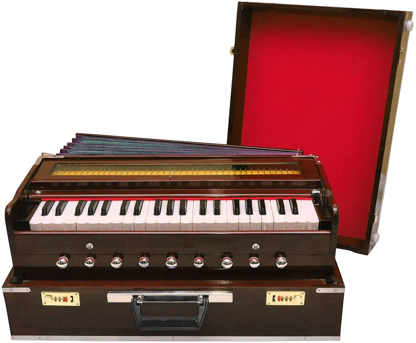 Original Superbrass American Pinewood 9-Stopper 3½ Octaves Portable Folding Indian Harmonium with Special Reeds + Fiberglass Case