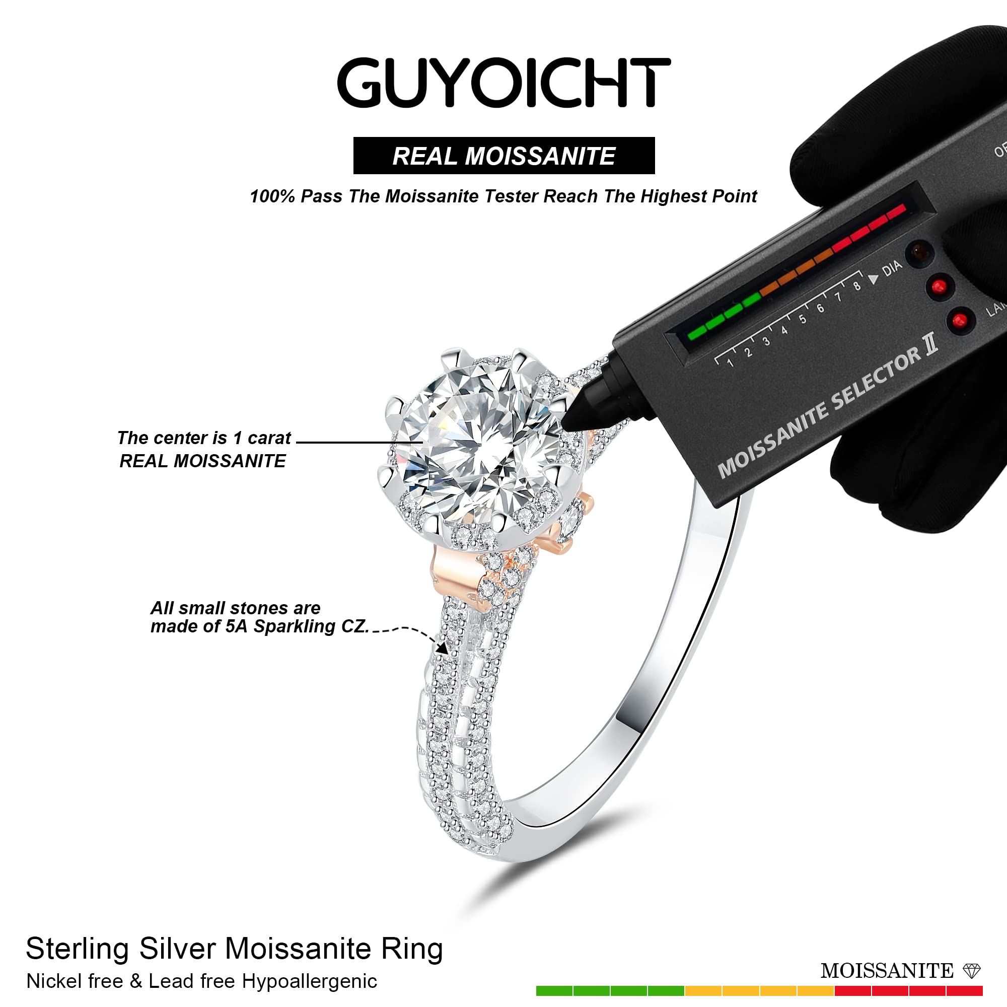 GUYOICHT 1 Carat Center Main Stone-925 Sterling Silver Moissanite Engagement Ring for Women, Size 5-8 (style 5, 7)