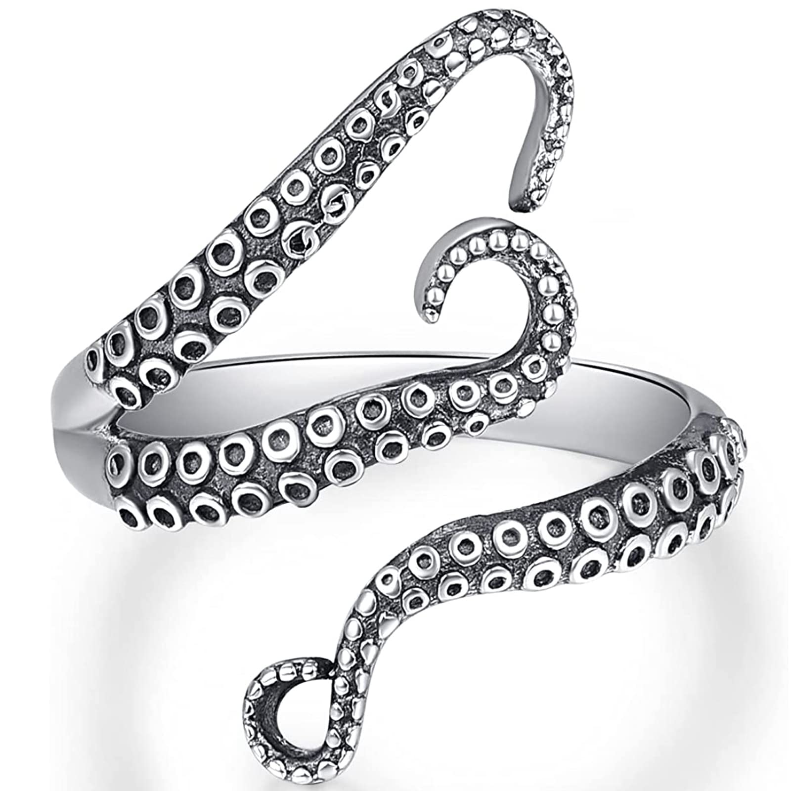 HJ HUAJ 925 Sterling Silver Octopus Ring for Men Women Adjustable Ring New Pirate Octopus Tentacles Black Opening Ring Cute Sea Animal Jewelry for Women