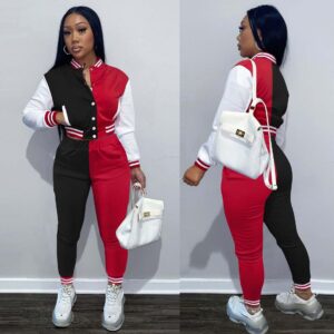 ANICECUT Sweatsuits for Women Set 2 Piece Long Sleeve Patchwork Button Down Varsity Jacket Sweatpant Workout Tracksuit Black Red XL