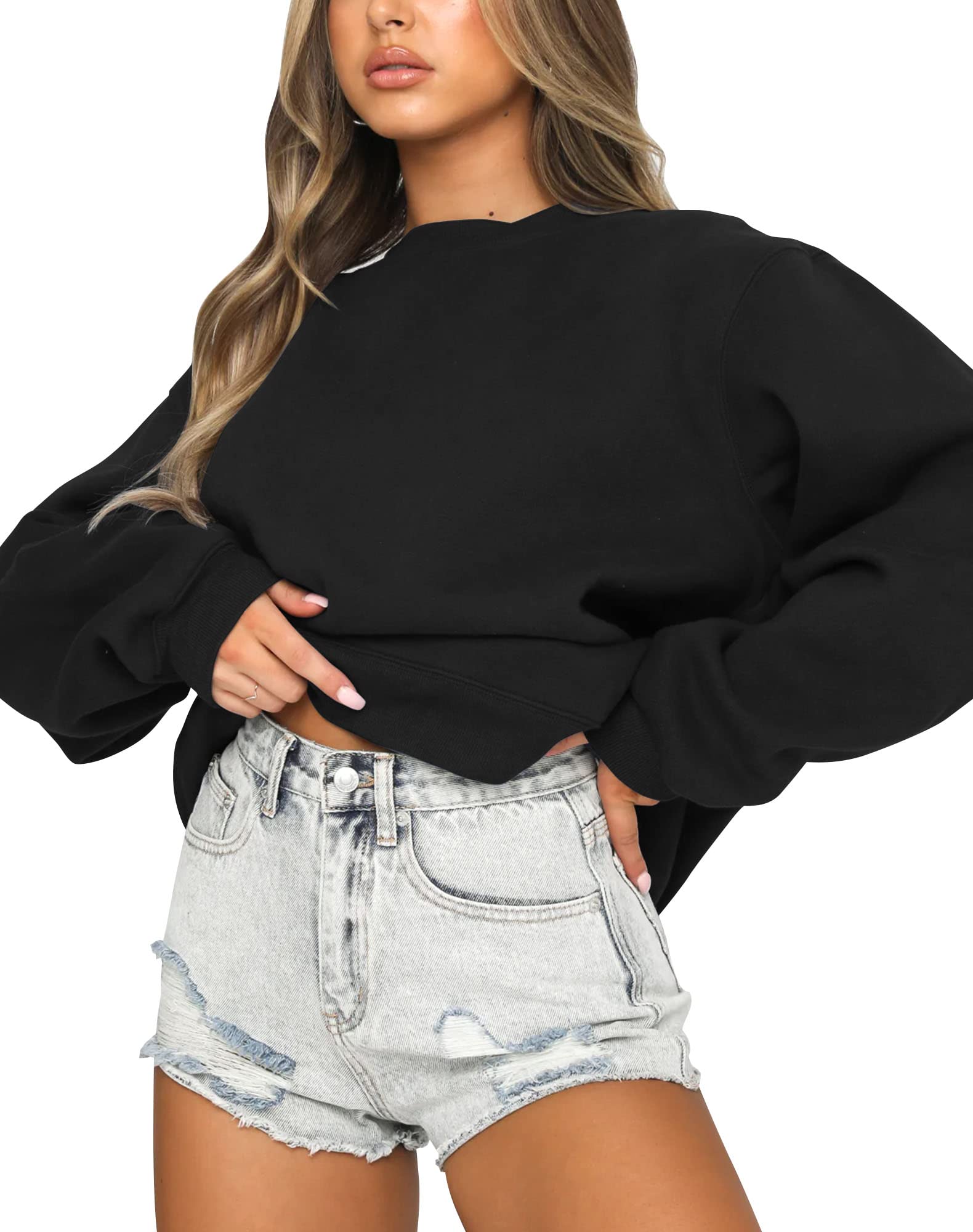 Fanway&EC Women's Long Sleeve Sweatshirt Casual Crewneck Oversized Pullover Hoodies Fall Tops Black