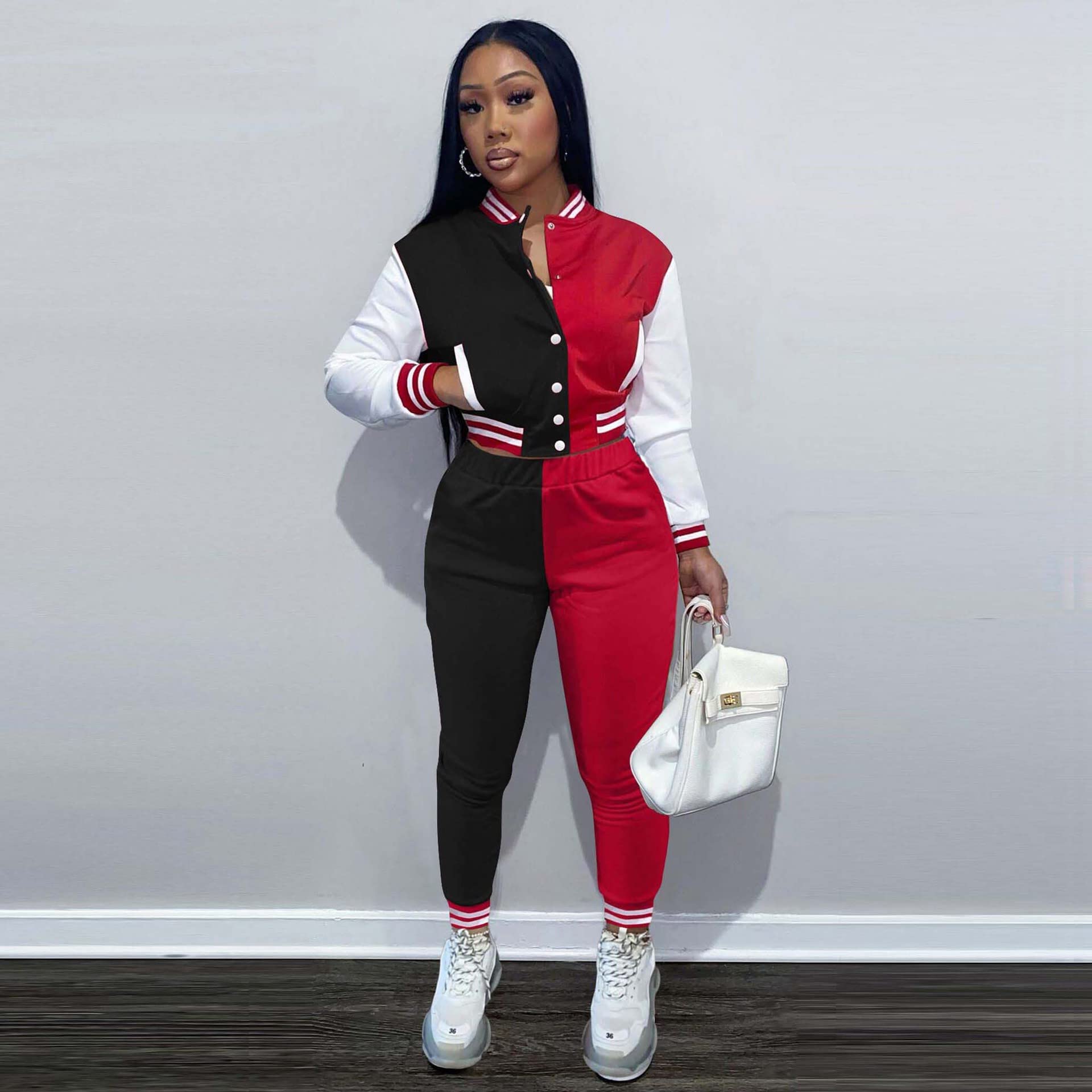 ANICECUT Sweatsuits for Women Set 2 Piece Long Sleeve Patchwork Button Down Varsity Jacket Sweatpant Workout Tracksuit Black Red XL