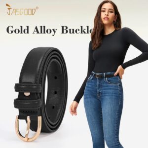 JASGOOD Women's Black Leather Belt for Jeans Pants Fashion Gold Buckle Ladies Dress Belt(Black,Fit Size 30"-34")