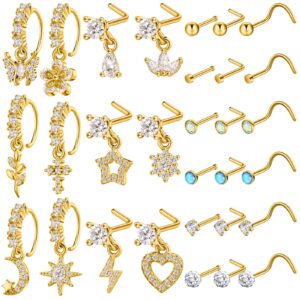 trnayi 30 pcs 20g dangle nose rings hoops l shaped dangling nose piercings jewelry for women cute nose ring stud hoop indian nose screw surgical steel nose ring with charm(gold)