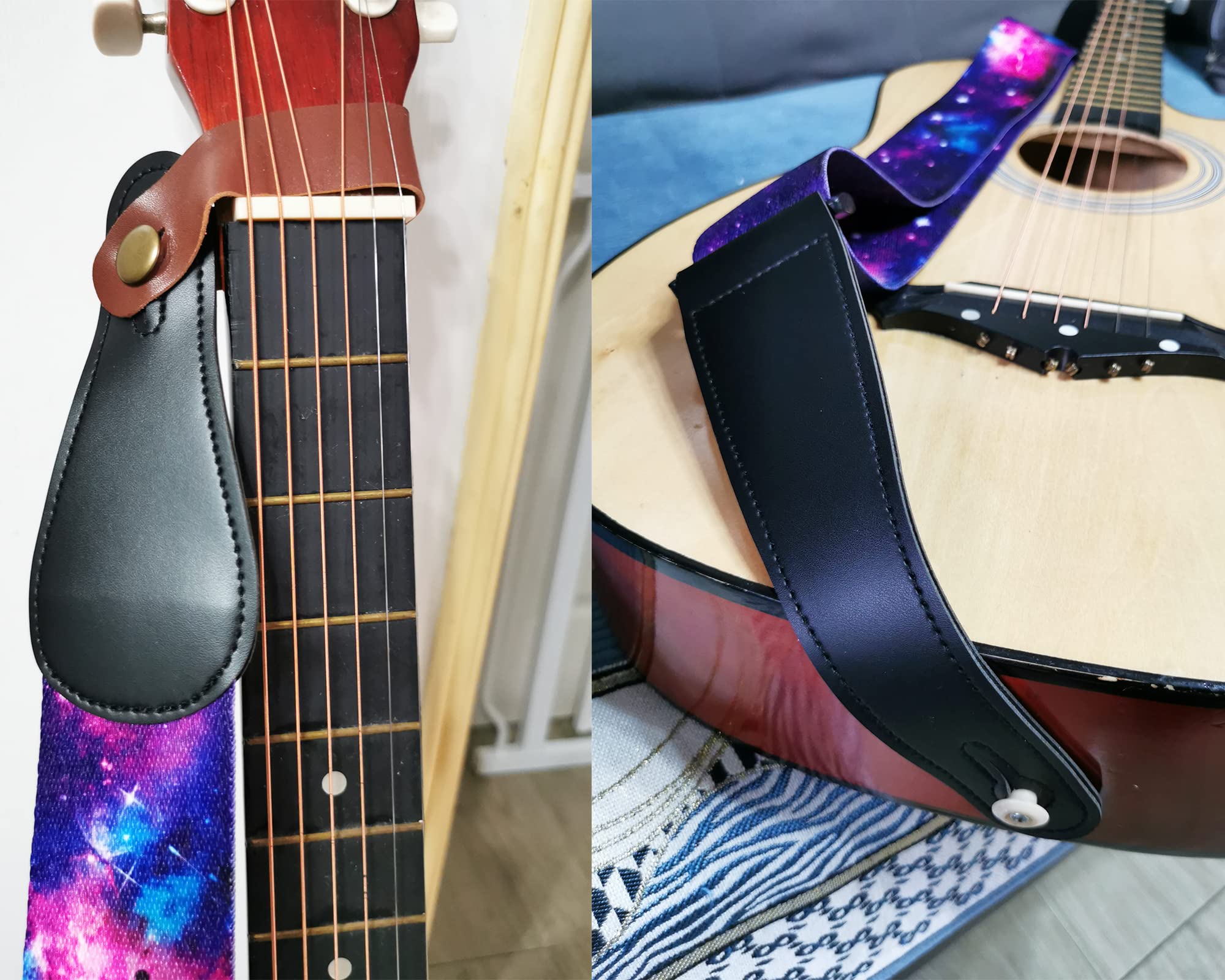 RAUYIVANY Guitar Straps,Beautiful starry sky pattern both ends long leather with strap locks + buttons + 3 picks, adjustable length for acoustic electric and bass guitars accessory