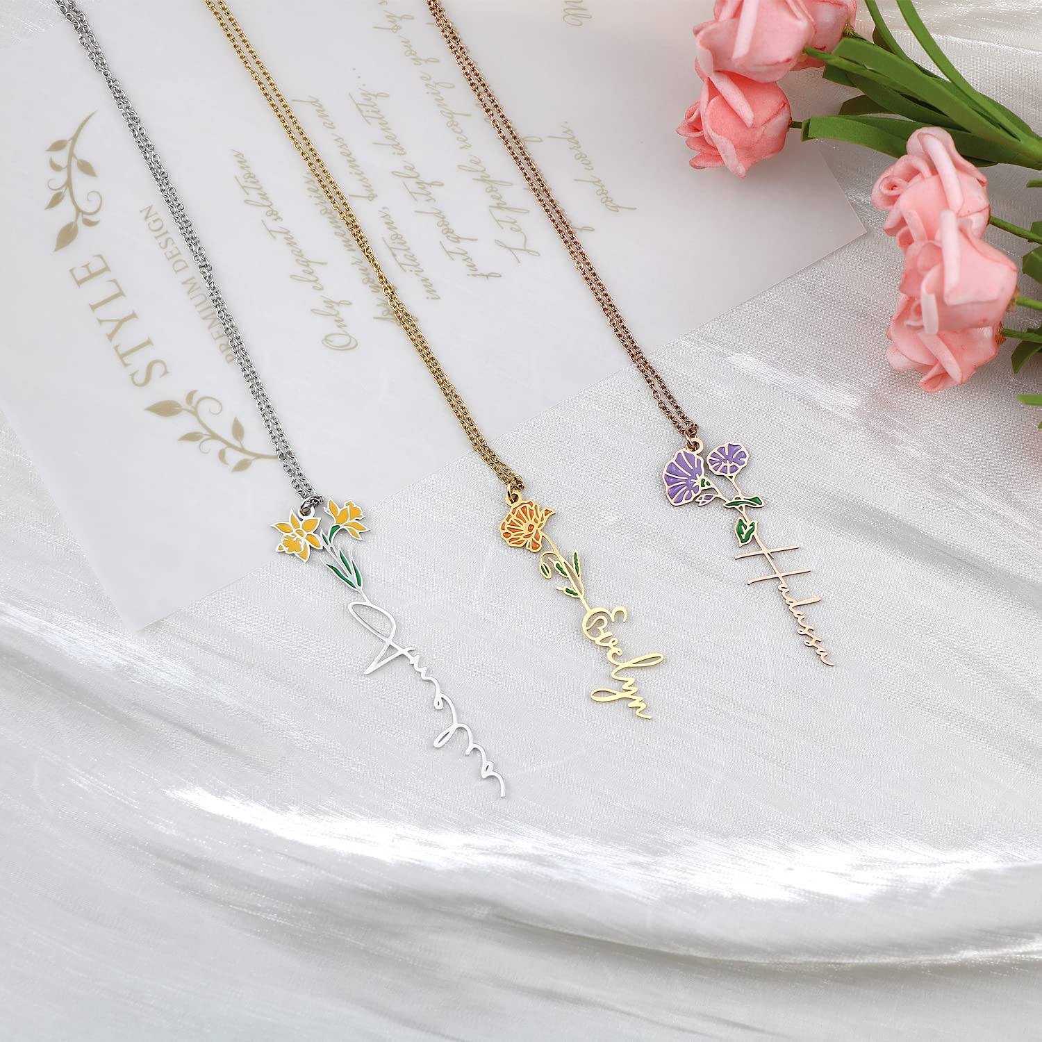 Malihome Custom Colorful Birth Flower Name Necklace,18K Gold Plated Personalized Women Jewelry,Bridesmaid Gifts For Mother Christmas Birthday (Design-1)