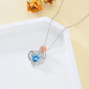 TOUPOP Christmas Gifts for Women Heart Necklaces for Women Sterling Silver Rose Heart Pendant Necklace with March Birthstone Aquamarine Birthday Christmas Jewelry Gifts for Women Girls Mom Friends