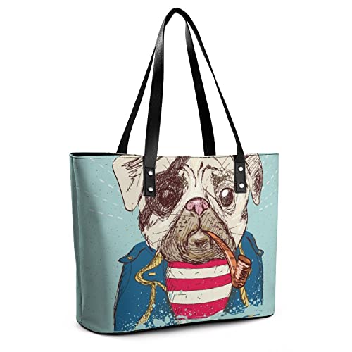 Womens Handbag Pug Dog Leather Tote Bag Top Handle Satchel Bags For Lady