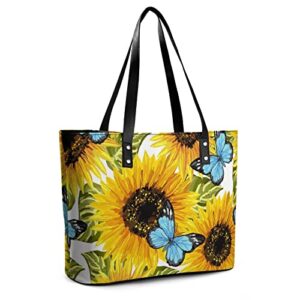 Womens Handbag Sunflowers Blue Butterflies Leather Tote Bag Top Handle Satchel Bags For Lady